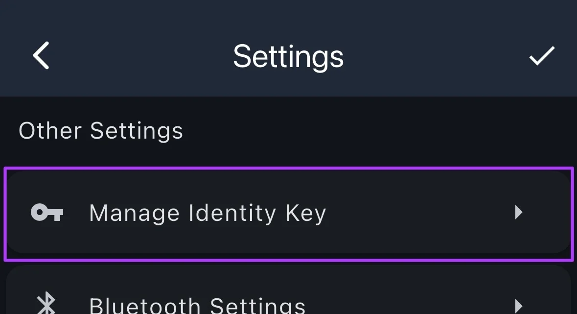 Settings menu with Manage Identity Key option highlighted