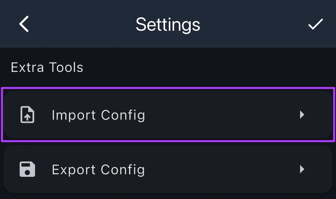 Settings menu with Import Config option highlighted