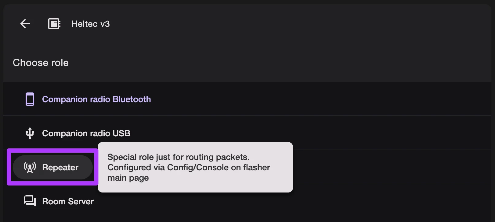 Firmware selection screen with Repeater option highlighted